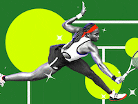 Photo illustrative gif of Coco Gauff on a distorted tennis court background with large yellow dots and sparkles around her.