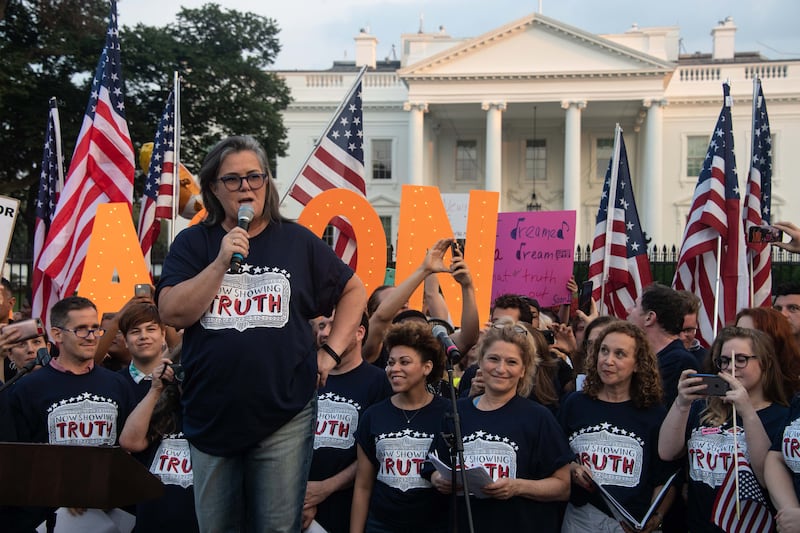 US comedian Rosie O'Donnell addresses a protest against US President Donald Trump