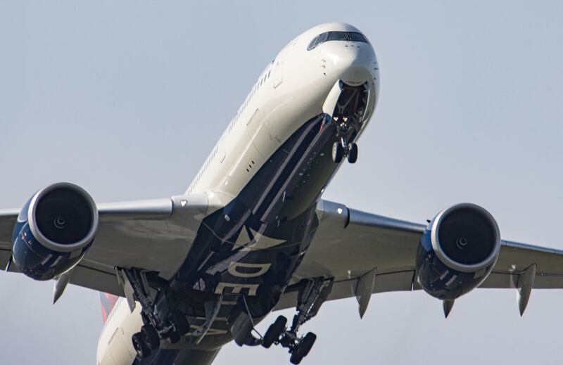 Delta Air Lines Airbus A330neo or A330-900 aircraft with neo engine option of the European plane manufacturer, as seen departing from Amsterdam Schiphol AMS EHAM International airport. The modern and advanced wide body airplane has the registration N512D, is powered by 2xRR jet engines and was delivered to Delta Airlines in September 2020. Delta is a legacy US carrier with headquarters and a hub in Atlanta Georgia and connects America to the Dutch capital on a daily basis. Delta DL DAL is the second largest airline in the world and member of SkyTeam airline aviation alliance. The world aviation passenger traffic numbers declined due to the travel restrictions, safety measures such as lockdowns, quarantine etc during the era of the Covid-19 Coronavirus pandemic that hit hard the aviation and travel industry. Amsterdam, Netherlands on April 28, 2021 (Photo by Nicolas Economou/NurPhoto via Getty Images)