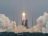 The Long March-5B Y2 rocket, carrying the core module of China’s space station Tianhe, takes off from Wenchang Space Launch Center in Hainan province, China, April 29, 2021.