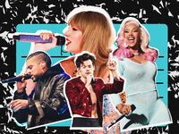 A photo illustration showing Taylor Swift, Cardi B, Bad Bunny and Harry Styles on a school notebook.