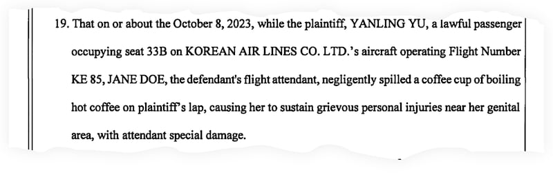 A snippet from Yanling Yu’s lawsuit against Korean Air.