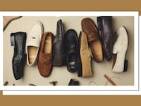 Eight G.H. Bass x Aritzia loafers arranged in a flat-lay on a beige surface, spanning styles and colorways including black, cream, tan suede, dark brown, camel, and white leather. Gold "G.H. Bass Est. 1876 / Aritzia" branding is visible on several insoles. Cobbler's props are scattered at the bottom of the frame.