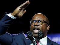 Rep. Jamaal Bowman (D-NY) speaks prior to President Joe Biden delivering remarks.