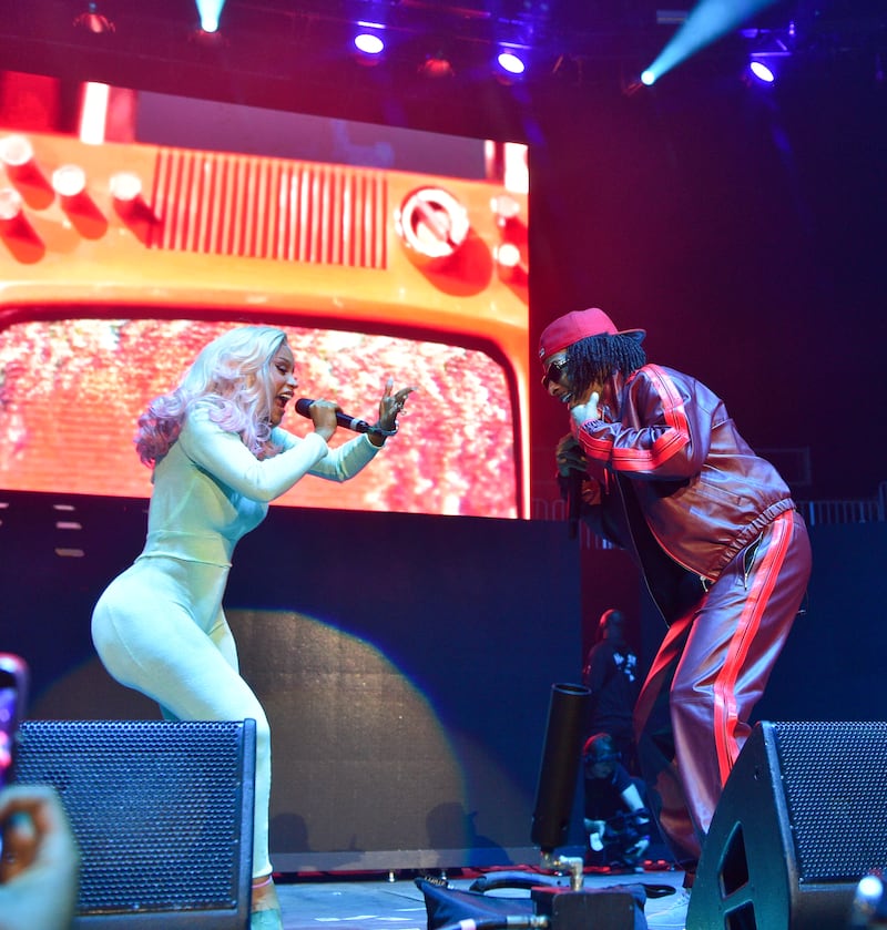 Cardi B on stage with 21 Savage during HOT 107.9's Birthday Bash in Atlanta, 2023.