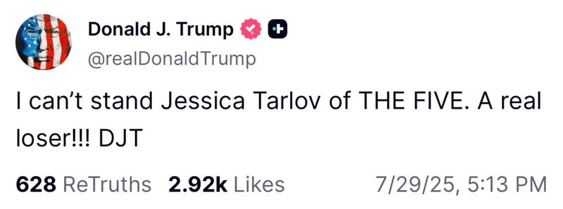 Donald Trump posts about Jessica Tarlov on Truth Social.
