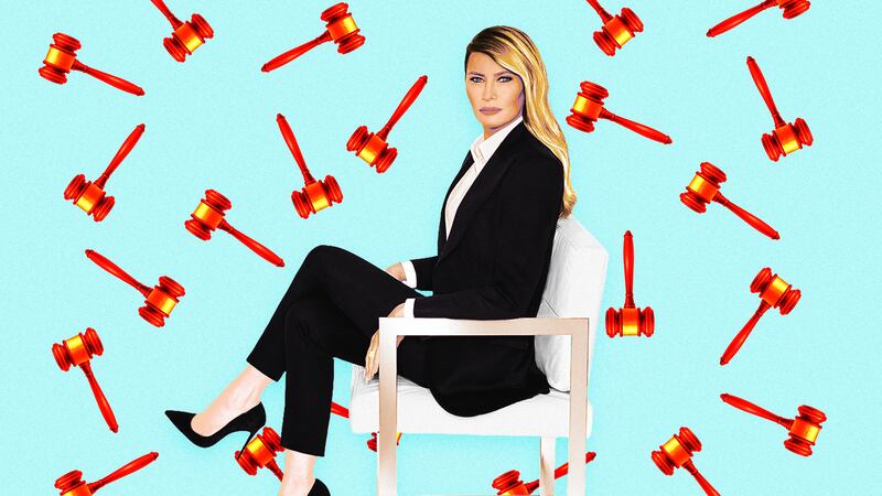 A photo illustration of the Melania Trump surrounded by flying gavels.