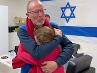 rish-Israeli girl Emily Hand, who was abducted by Hamas gunmen during the October 7 attack on Israel, meets her father Thomas Hand after being released