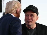Tesla CEO Elon Musk joins Donald Trump during a campaign rally at site of his first assassination attempt in Butler, Pennsylvania, on Oct. 5, 2024.