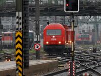 Trains of the national rail company OeBB are seen during a warning strike in a railway station in Vienna, Austria, Nov. 26, 2018.