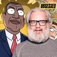 A photo illo illustration of President Curtis and Dan Harmon for the Obsessed Podcast.