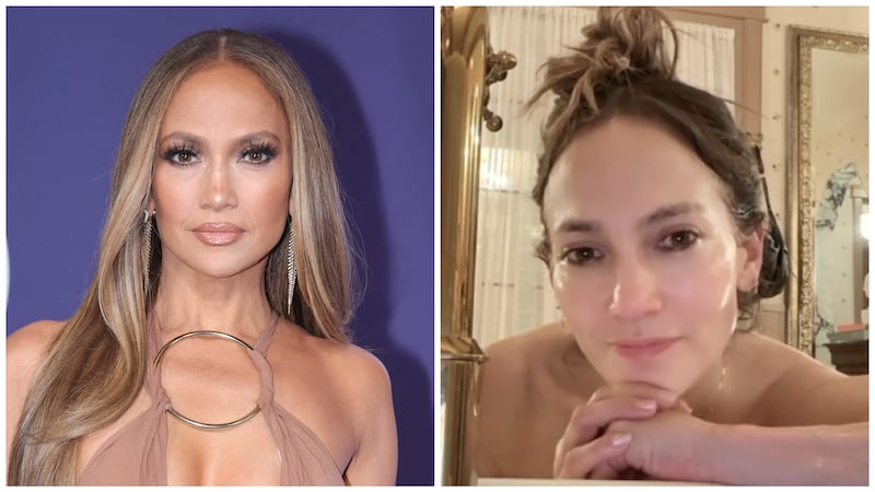 On left: Jennifer Lopez at the American Music Awards on May 26, 2026; on right: Jennifer Lopez in her bathtub.