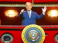 President Donald Trump stands in the presidential box as he tours the John F. Kennedy Center for the Performing Arts in Washington, DC, on March 17, 2025.