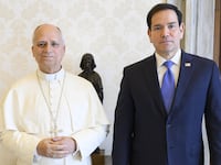 Pope Leo XIV poses with U.S. Secretary Of State Marco Rubio during an audience at the Apostolic Palace on May 07, 2026 in Vatican City, Vatican.