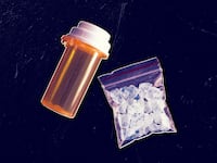 A photo illustration of a prescription bottle and crystal meth in a bag.