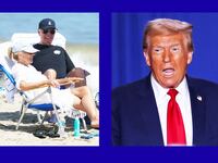 A photo composite of Joe Biden on the beach and Donald Trump at a rally.