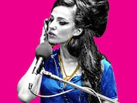 A photo illustration of Marisa Abela as Amy Winehouse