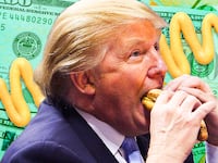 A photo illustration of Donald Trump eating a hot dog.
