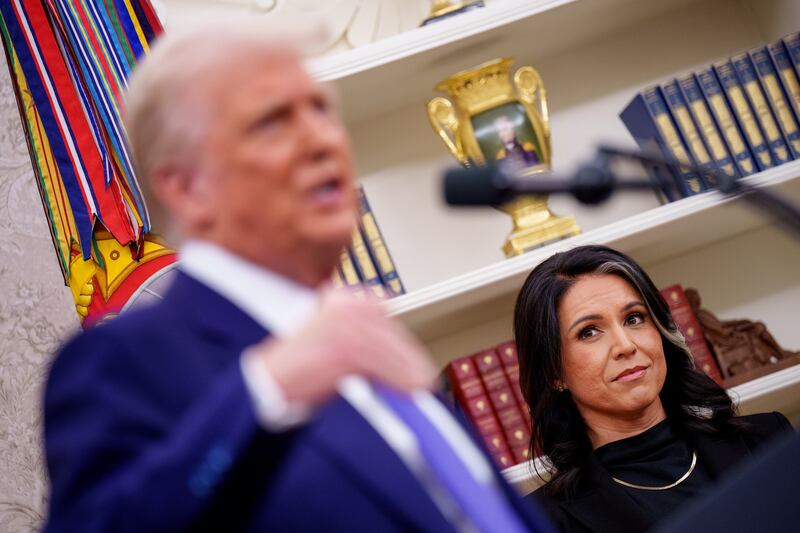 President Donald Trump as speaks after Tulsi Gabbard is sworn in as director of national intelligence in the Oval Office at the White House on February 12, 2025 in Washington, D.C.