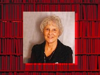 A photo illustration of school board trustee Karen Lowery over a library bookcase red background.