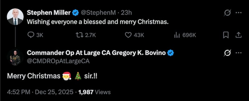 Bovino seemed desperate for his boss, Stephen Miller, to wish him merry Christmas. He did not.