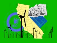 A photo illustration of California surrounded by renewable energy and archival photo of civil rights protest.