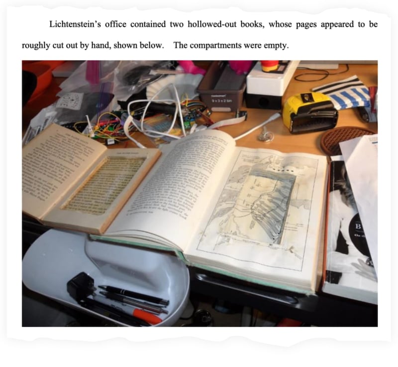 A snippet of a court filing showing a hollowed-out book FBI agents say they found in Ilya Lichtenstein and Heather Morgan’s New York City apartment.