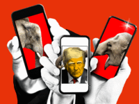 Donald Trump and an Elephant in cellphones on a red background with a flash