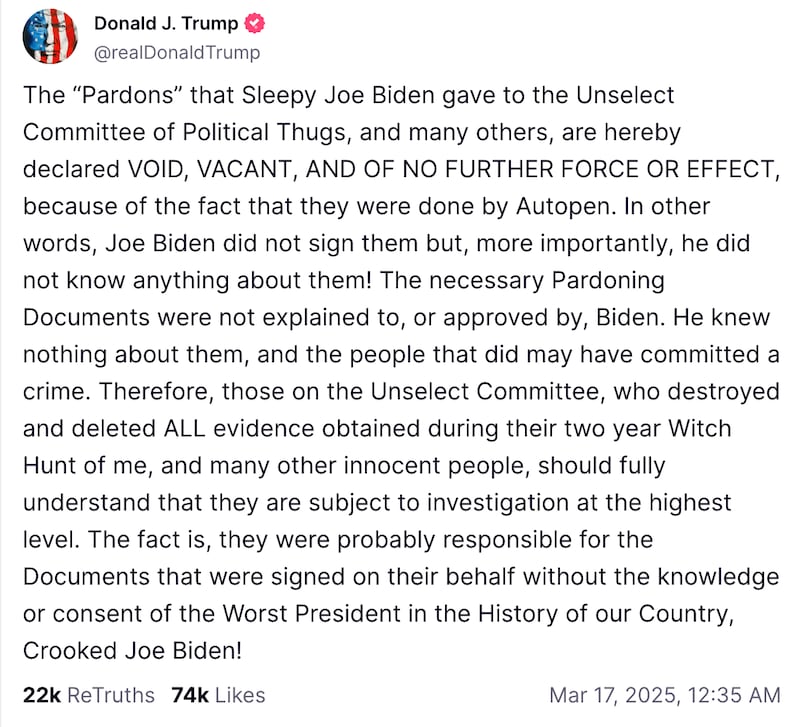 President Donald Trump’s late-night post that claimed his predecessor was unaware of some of the presidential pardons he signed in his final days in office.