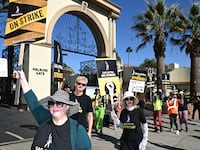 SAG-AFTRA members and supporters picket outside Paramount Studios