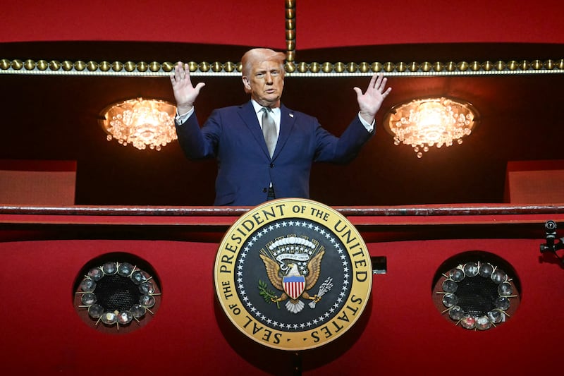 President Donald Trump stands in the presidential box as he tours the John F. Kennedy Center for the Performing Arts in Washington, DC, on March 17, 2025.