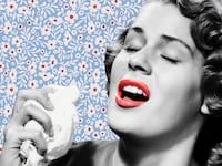 Photo illustration of a sick woman with red lips