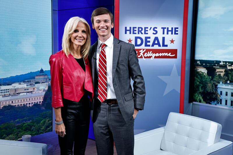 NEW YORK, NEW YORK - SEPTEMBER 11: Fox anchor Kellyanne Conway and Brilyn Hollyhand, RNC Chairman of Youth Advisory Council pose during an appearance on "Here's The Deal With Kellyanne" at Fox News Channel Studios on September 11, 2024 in New York City. (Photo by )