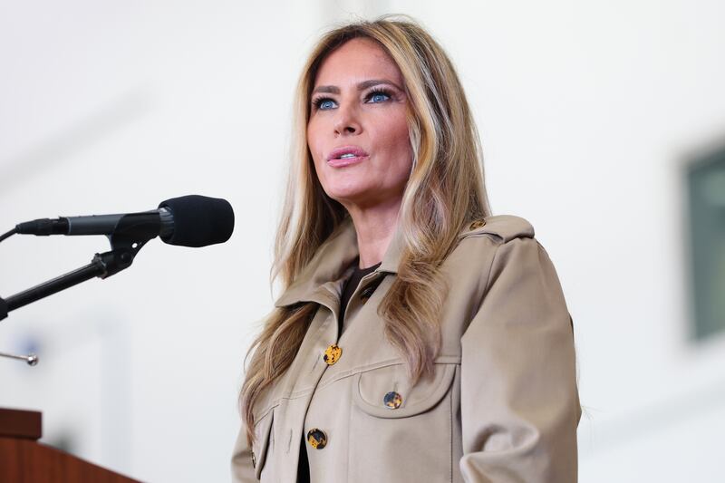 Melania Trump delivers remarks to military personnel and their families during a visit to MV-22 Mega Hangar on Marine Corps Air Station New River on November 19, 2025 in Jacksonville, North Carolina.