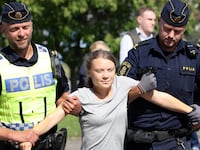 Greta Thunberg smirks as two Swedish cops remove her from a climate protest.