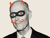 Illustration featuring Rick Scott wearing a black mask and red mustache.
