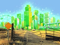 A photo illustration of a mirage emerald city in the background of a piece of farmland in Solano County, California.