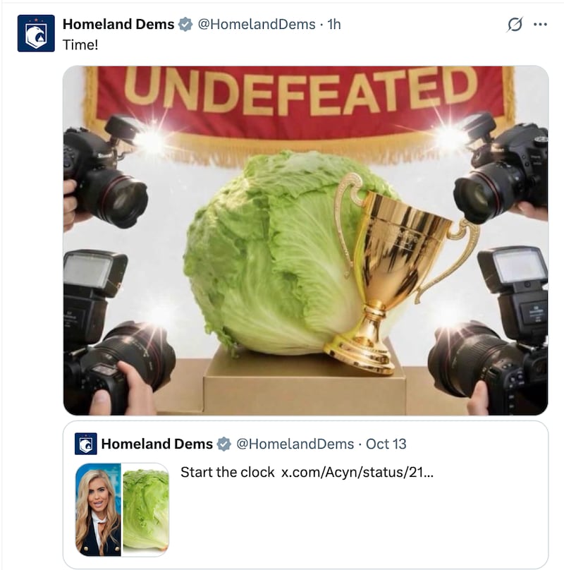 One House Democrats account reacted to Zacharia's exit by posting a head of lettuce winning after posting whether Zacharia or a head of lettuce would last longer on Tuesday.