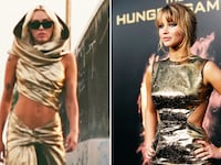 A photo illustration of Miley Cyrus in her music video, "Flowers," and Jennifer Lawrence in a gold dress in the LA premiere of "The Hunger Games" in 2012.