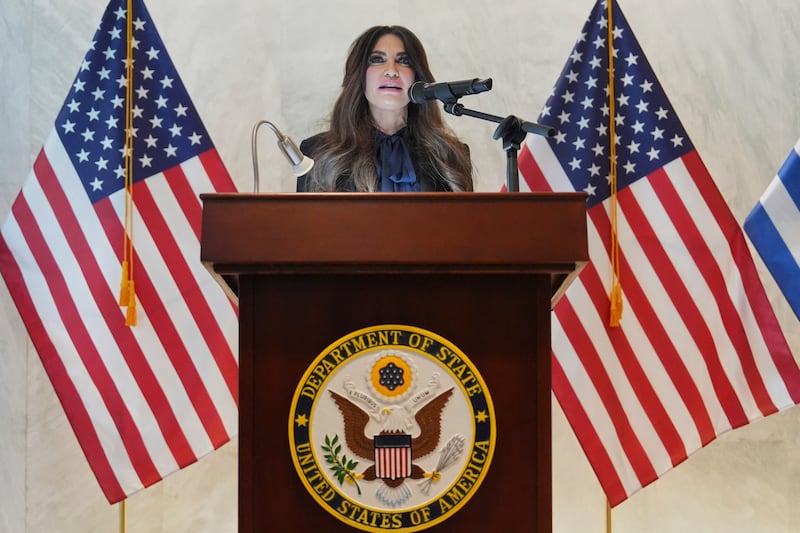 Former U.S. Ambassador to Greece Kimberly Guilfoyle spoke during a dedication ceremony on October 7, 2026.