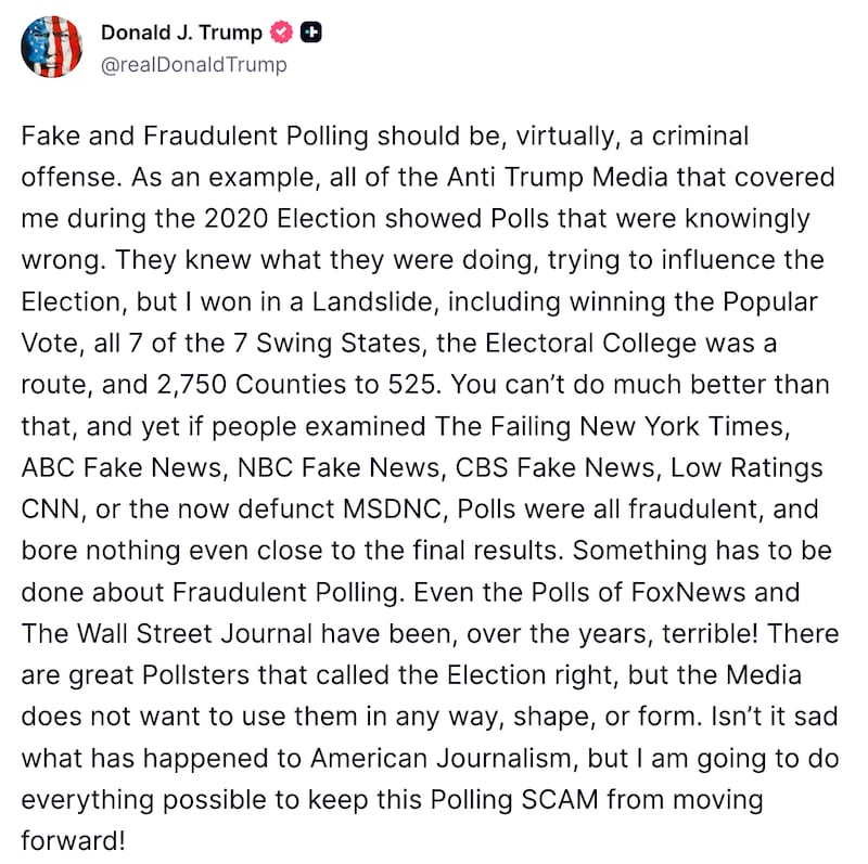 Donald Trump Truth Social post about polling
