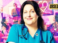 A photo illustration of Allison Tolman on St Denis Medical for Obsessed podcast.