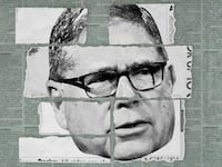 A photo illustration showing Alberto Ibarguen over cut up newspapers being pieced back together.