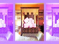 A photo illustration of the inlaid four-poster bed in Plum Sykes' cousin Christopher Simon Sykes’ childhood bedroom at Sledmere House, Yorkshire with gifts on them.