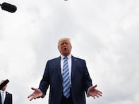 US President Donald Trump speaks to the press at Morristown Municipal Airport in Morristown, New Jersey, on August 13, 2019 as he departs for Pennsylvania where he will visit the Shell Pennsylvania Petrochemicals Complex. (Photo by Nicholas Kamm / AFP) (Photo credit should read NICHOLAS KAMM/AFP via Getty Images)