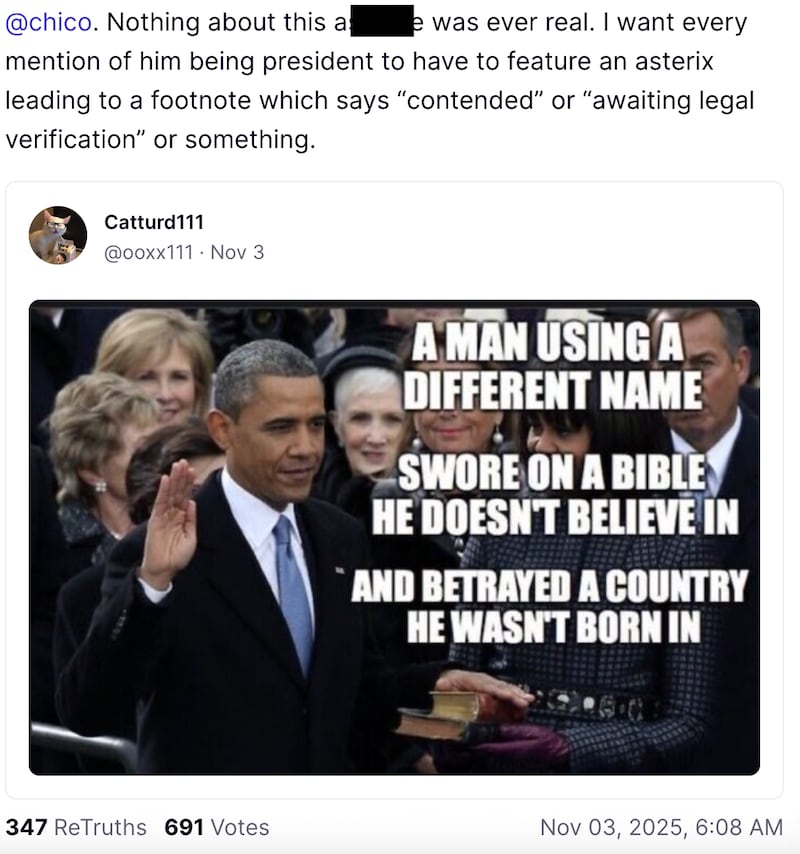 The president has now even reprised his comprehensively debunked “birther” conspiracy theory, sharing a post wrongly claiming Obama wasn’t born in the U.S.