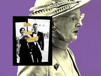 A photo illustration of Queen Margrethe II with a torn photo of Prince Frederik and Princess Mary taped together