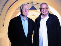 A photo including Stephen Cornwell, John le Carré (David Cornwell) and Simon Cornwell behind-the-scenes of “The Pigeon Tunnel” on Apple TV+