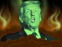 A photo illustration of Donald Trump in a pile of feces.