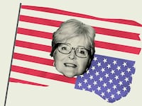 Photo illustration of Samuel Alito's wife Martha on an upside down American flag